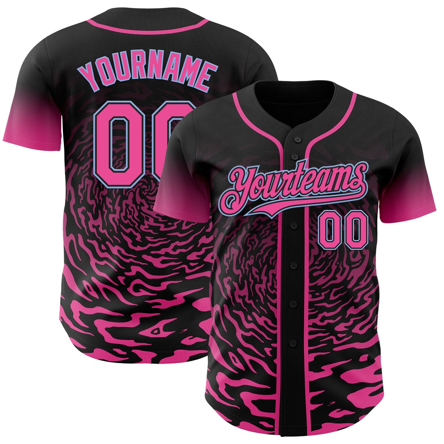 Custom Black Pink-Light Blue Fluid Wave Splatter Gradient Authentic Baseball Jersey - Main View