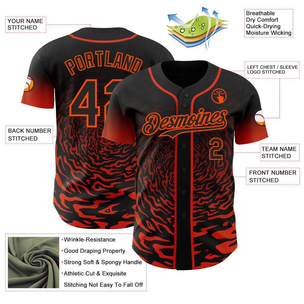 Custom Black-Orange Fluid Wave Splatter Gradient Authentic Baseball Jersey view 3