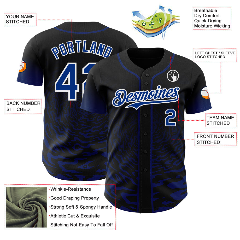Custom Black Royal-White Fluid Wave Splatter Gradient Authentic Baseball Jersey view 3