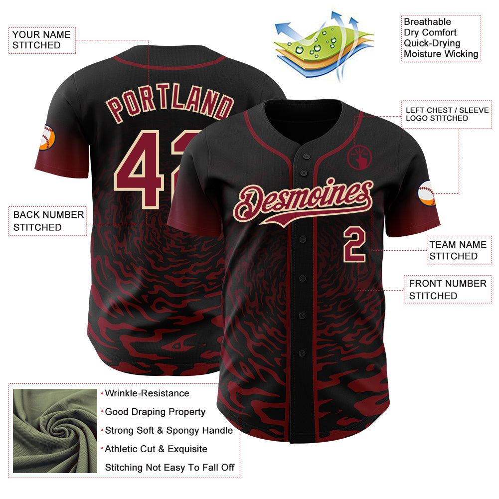 Custom Black Crimson-City Cream Fluid Wave Splatter Gradient Authentic Baseball Jersey view 3