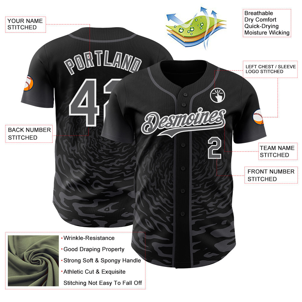 Custom Black Steel Gray-White Fluid Wave Splatter Gradient Authentic Baseball Jersey view 3