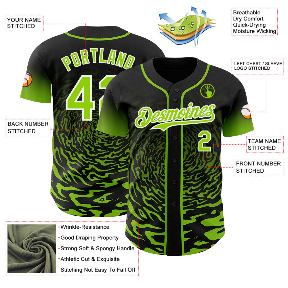 Custom Black Neon Green-White Fluid Wave Splatter Gradient Authentic Baseball Jersey view 3