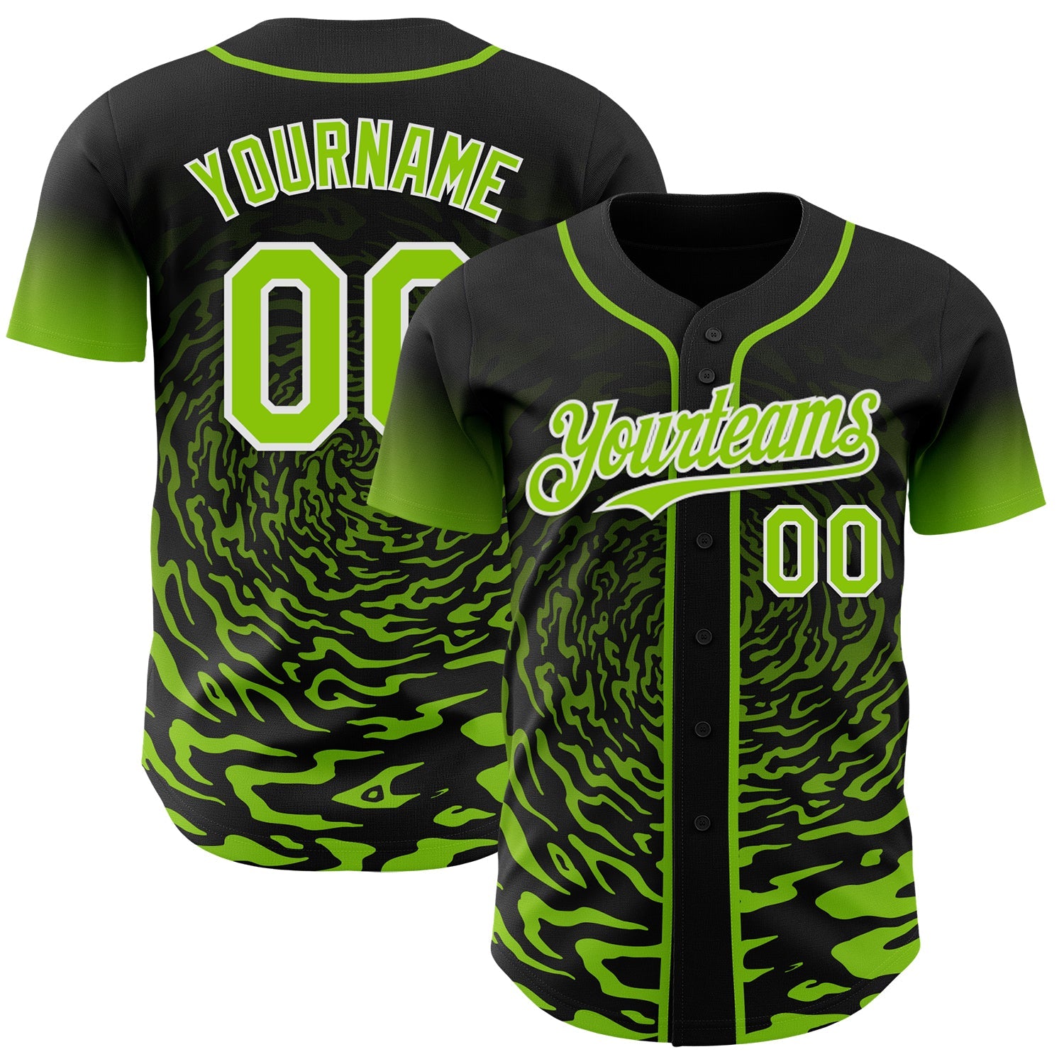 Custom Black Neon Green-White Fluid Wave Splatter Gradient Authentic Baseball Jersey - Main View