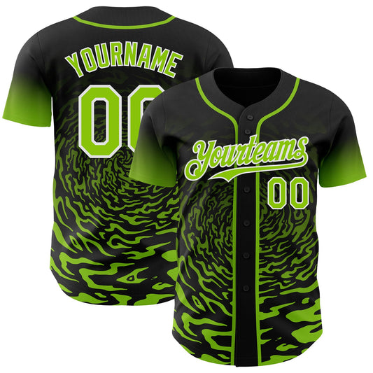 Custom Black Neon Green-White Fluid Wave Splatter Gradient Authentic Baseball Jersey - Main View