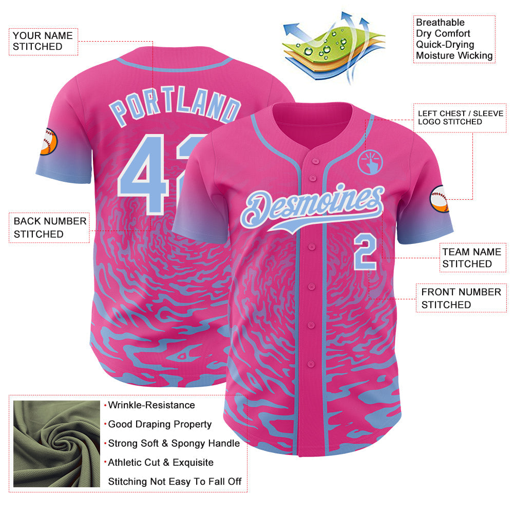 Custom Pink Light Blue-White Fluid Wave Splatter Gradient Authentic Baseball Jersey view 3