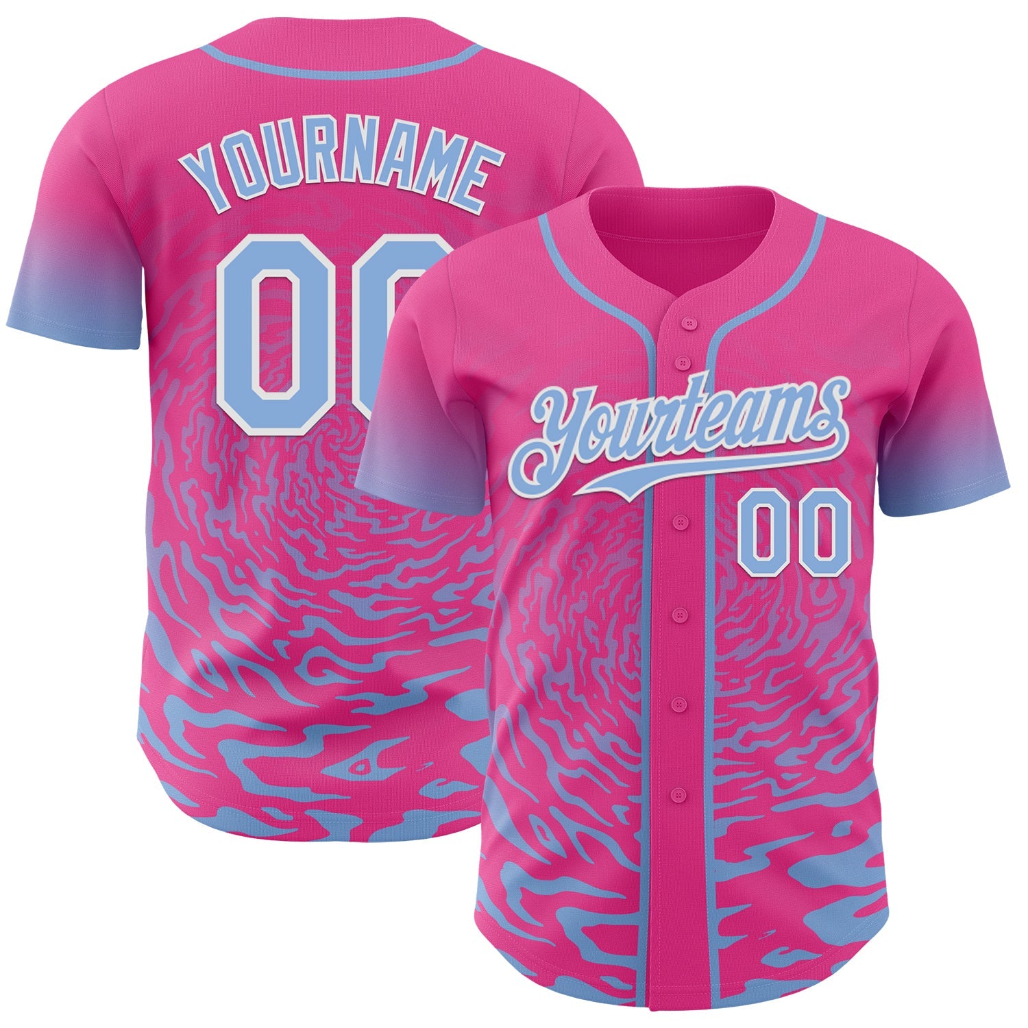 Custom Pink Light Blue-White Fluid Wave Splatter Gradient Authentic Baseball Jersey - Main View
