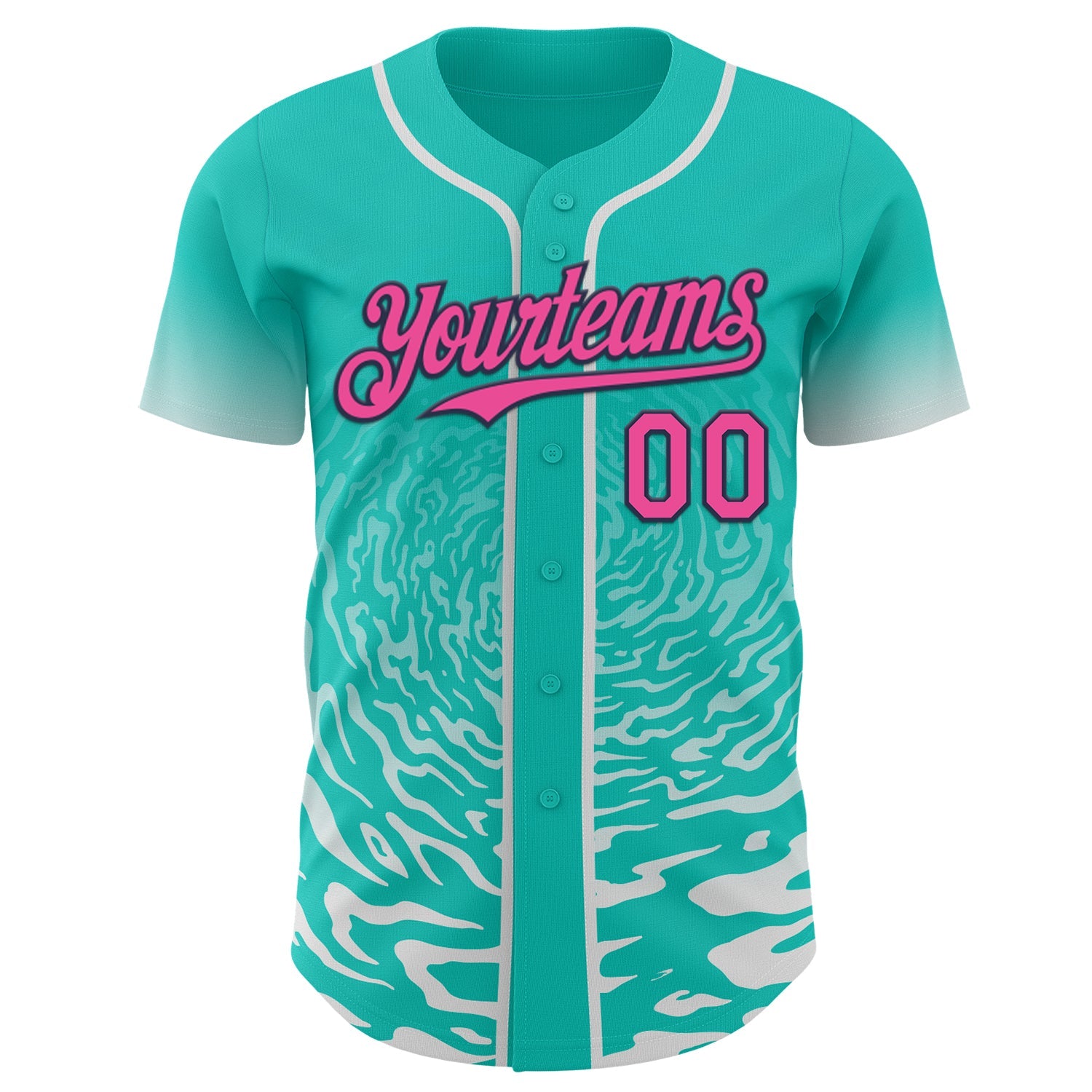 Custom Aqua Pink White-Navy Fluid Wave Splatter Gradient Authentic Baseball Jersey view 2