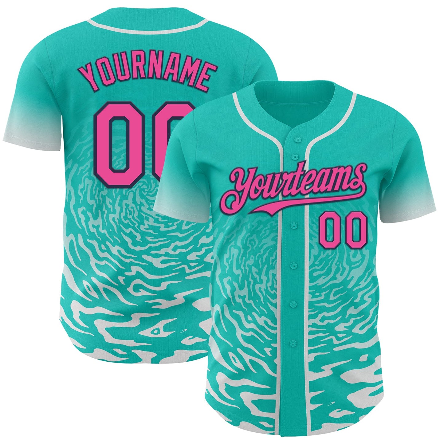 Custom Aqua Pink White-Navy Fluid Wave Splatter Gradient Authentic Baseball Jersey - Main View