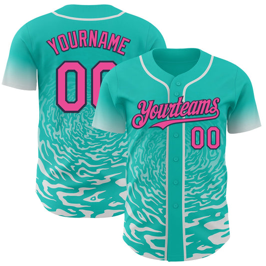 Custom Aqua Pink White-Navy Fluid Wave Splatter Gradient Authentic Baseball Jersey - Main View