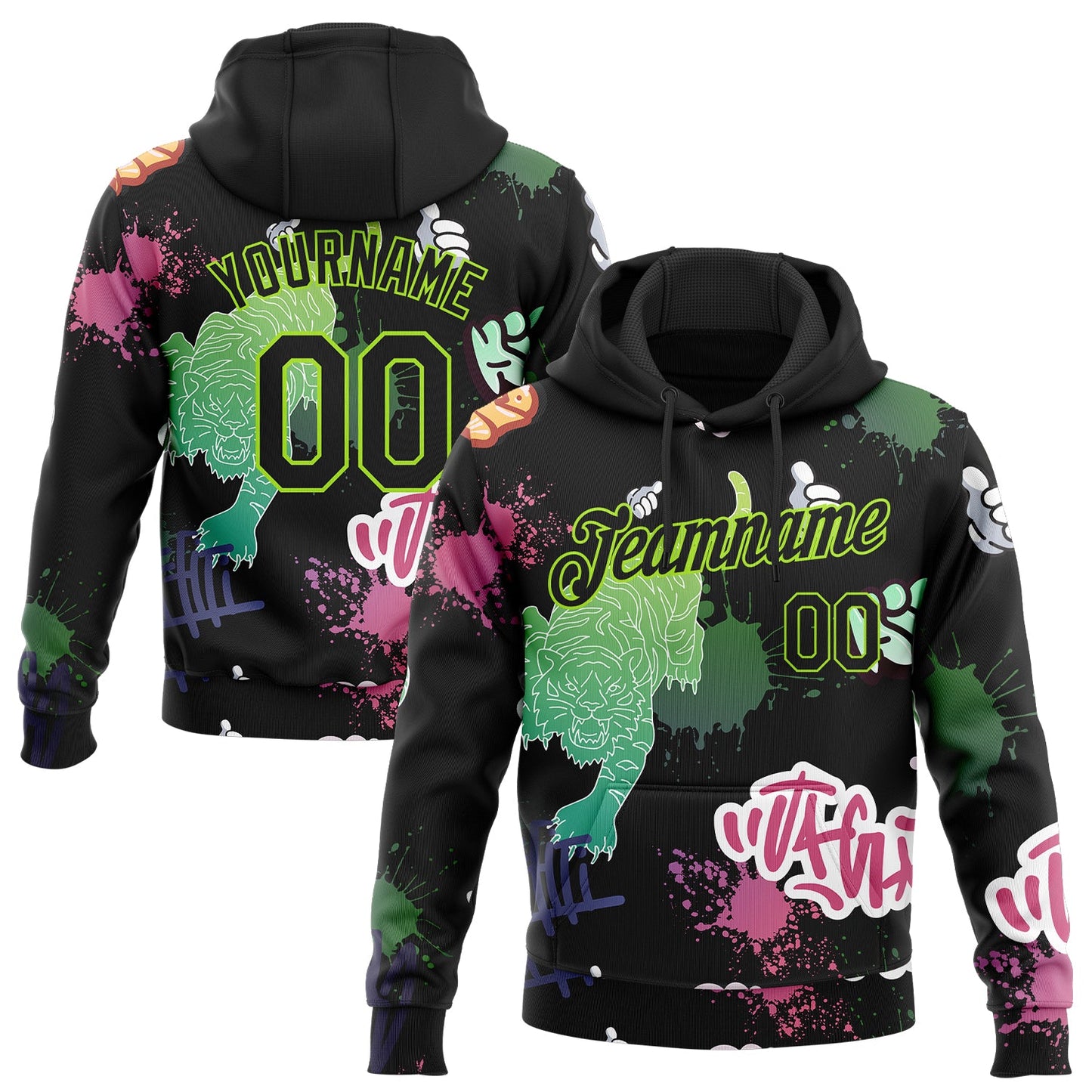 Custom Stitched Black Neon Green 3D Pattern Design Tiger Sports Pullover Sweatshirt Hoodie - Main View