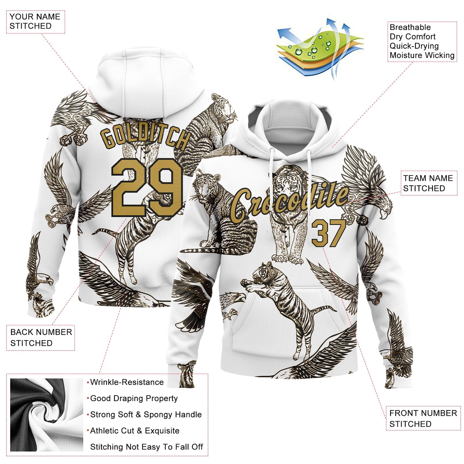 Custom Stitched White Old Gold-Black 3D Pattern Design Tiger And Eagle Sports Pullover Sweatshirt Hoodie view 2