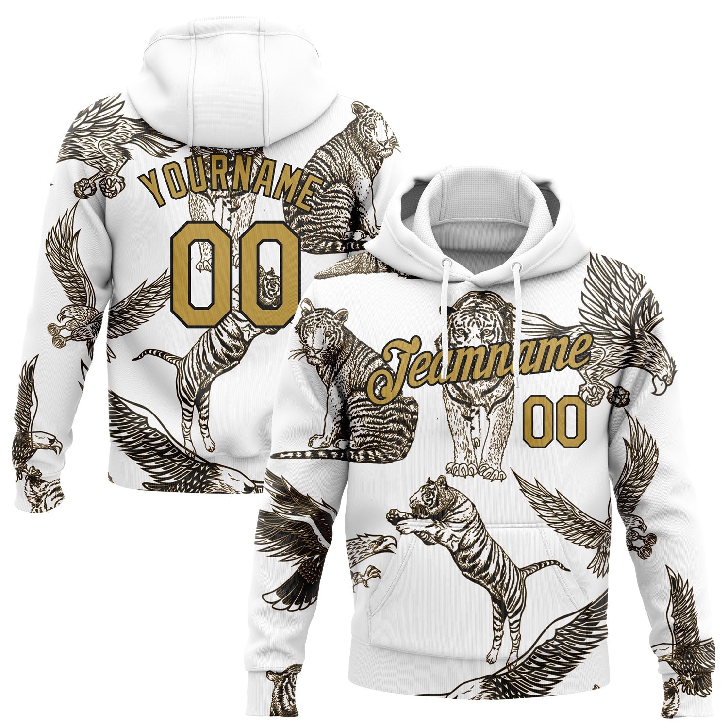 Custom Stitched White Old Gold-Black 3D Pattern Design Tiger And Eagle Sports Pullover Sweatshirt Hoodie - Main View