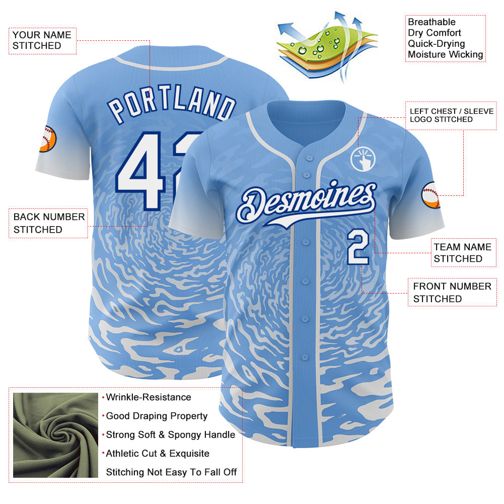 Custom Light Blue White-Royal Fluid Wave Splatter Gradient Authentic Baseball Jersey view 3