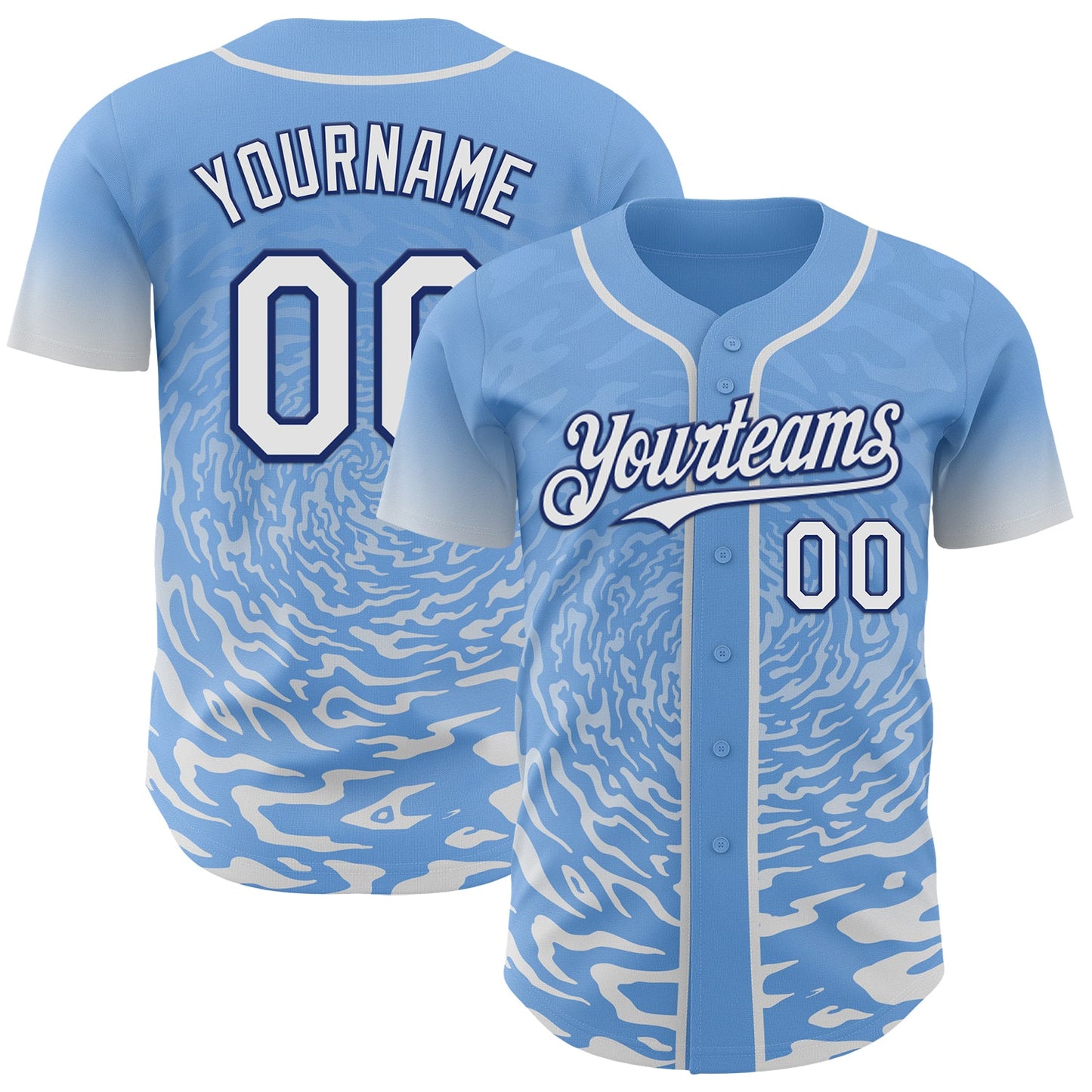 Custom Light Blue White-Royal Fluid Wave Splatter Gradient Authentic Baseball Jersey - Main View