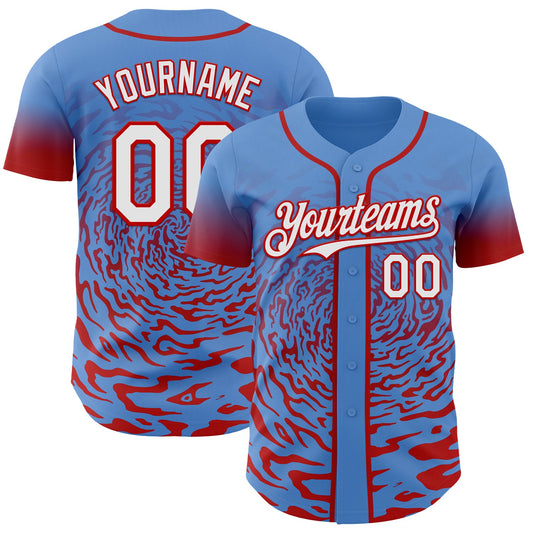 Custom Powder Blue White-Red Fluid Wave Splatter Gradient Authentic Baseball Jersey - Main View
