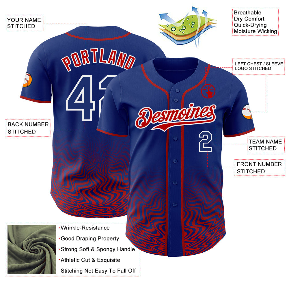 Custom Royal Red-White Fluid Wave Psychedelic Swirl Authentic Baseball Jersey view 3