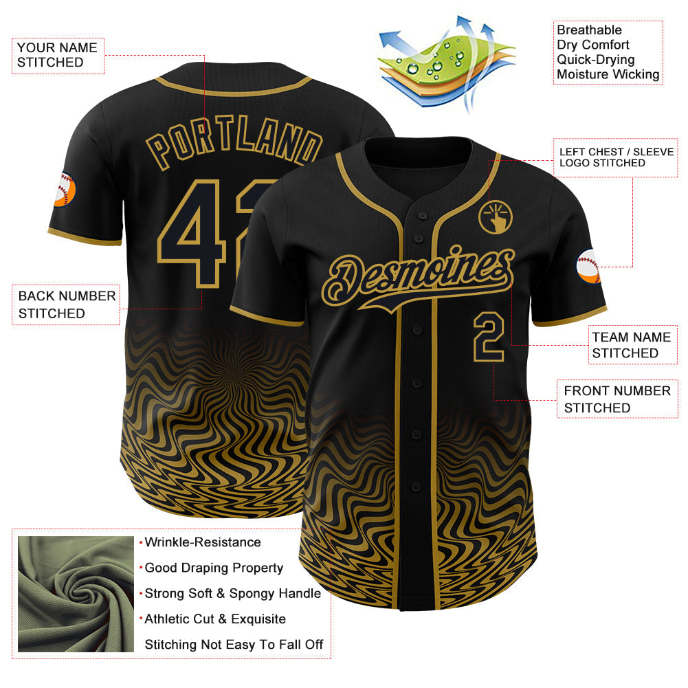 Custom Black-Old Gold Fluid Wave Psychedelic Swirl Authentic Baseball Jersey view 3