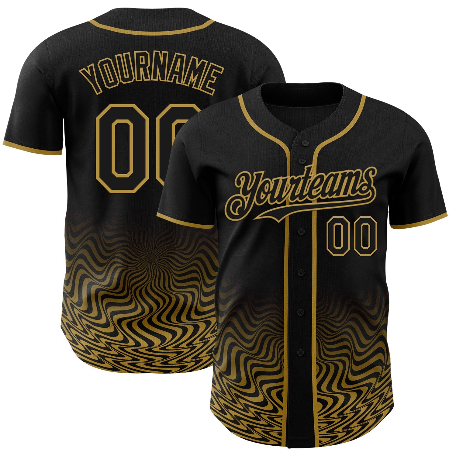 Custom Black-Old Gold Fluid Wave Psychedelic Swirl Authentic Baseball Jersey - Main View
