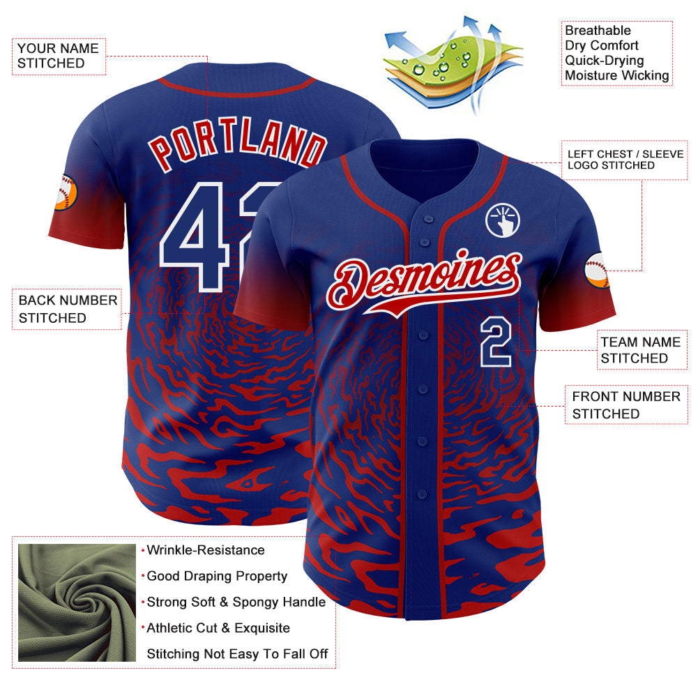 Custom Royal Red-White Fluid Wave Splatter Gradient Authentic Baseball Jersey view 3
