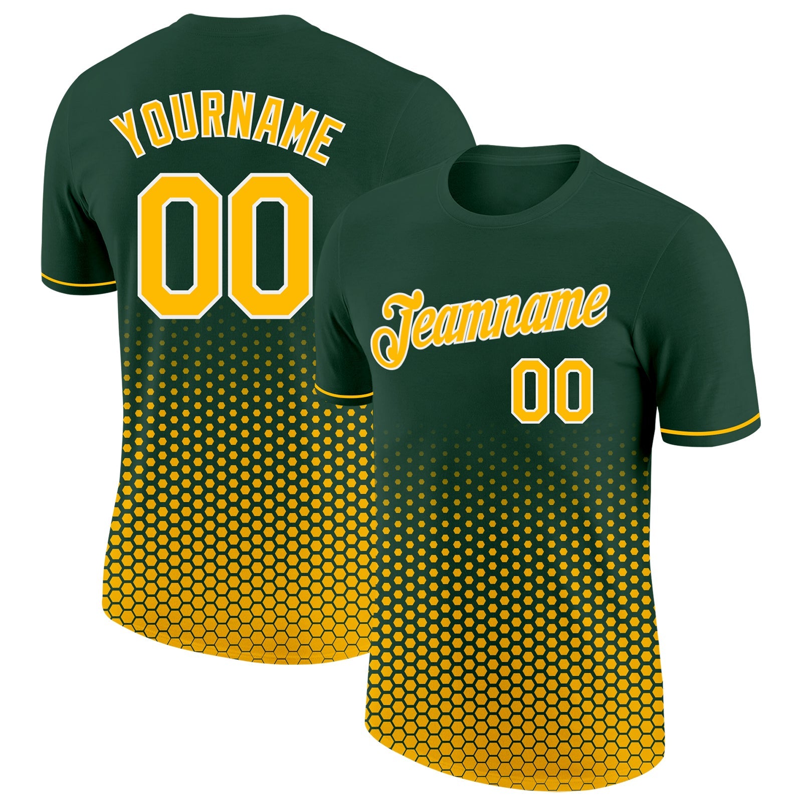 Custom Green Gold-White Geometric Hexagonal Dot Gradient Performance T-Shirt - Main View