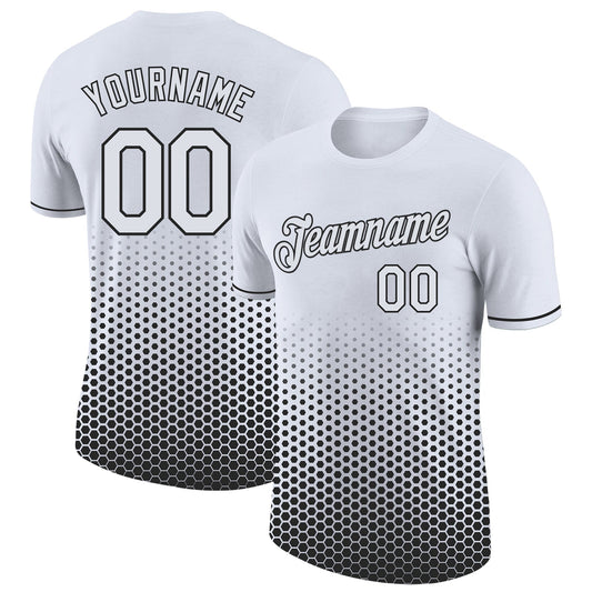 Custom White-Black Geometric Hexagonal Dot Gradient Performance T-Shirt - Main View