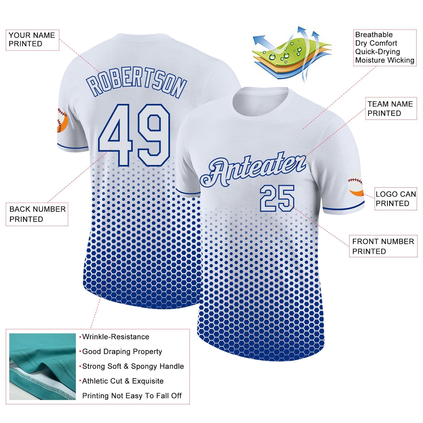 Custom White-Royal Geometric Hexagonal Dot Gradient Performance T-Shirt view 2