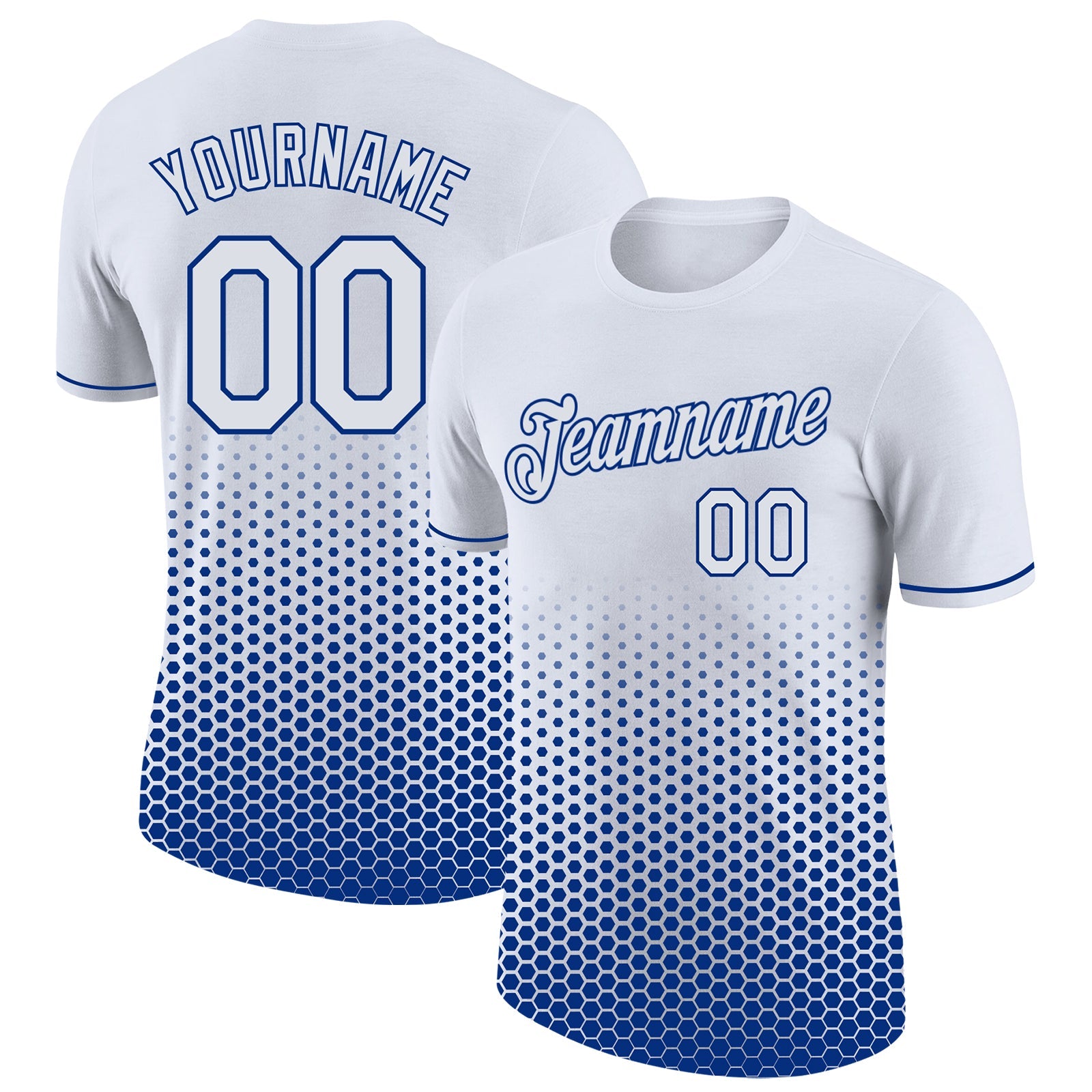 Custom White-Royal Geometric Hexagonal Dot Gradient Performance T-Shirt - Main View