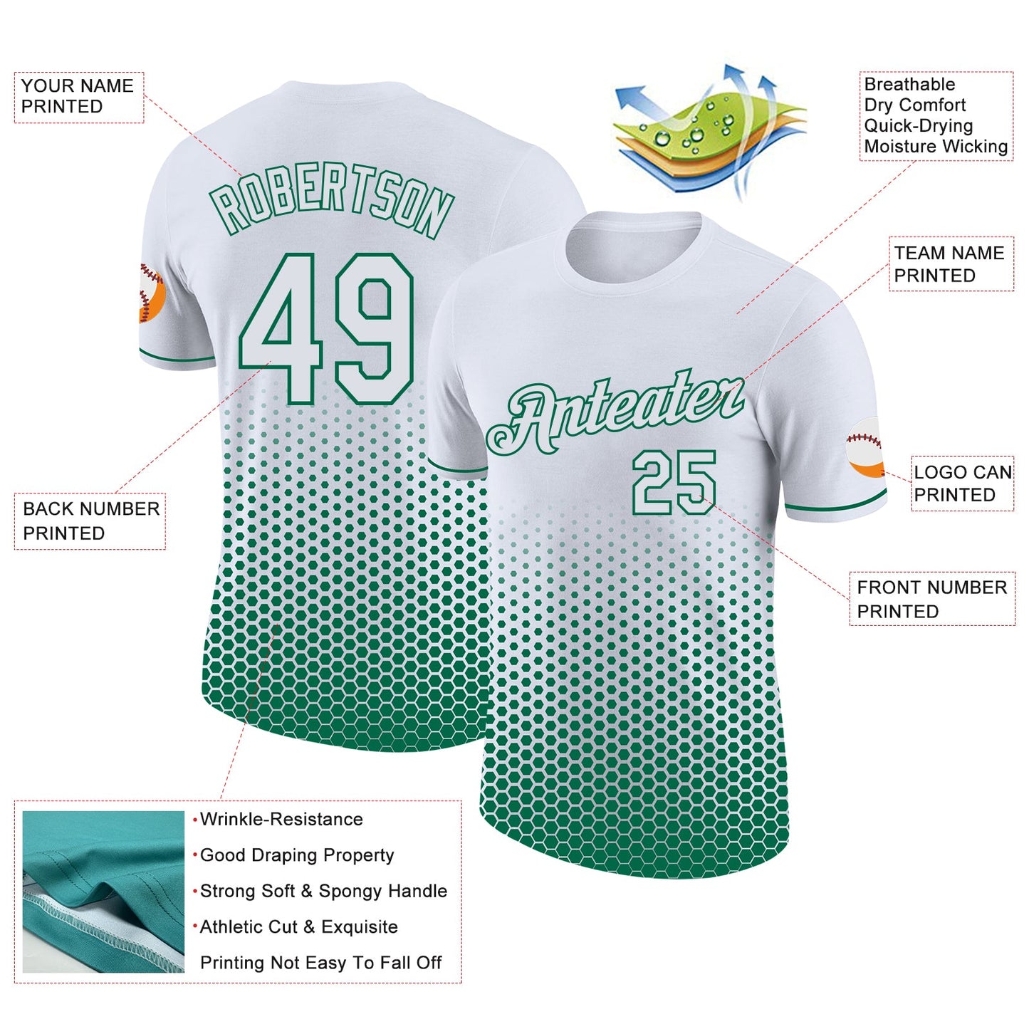 Custom White-Kelly Green Geometric Hexagonal Dot Gradient Performance T-Shirt view 2