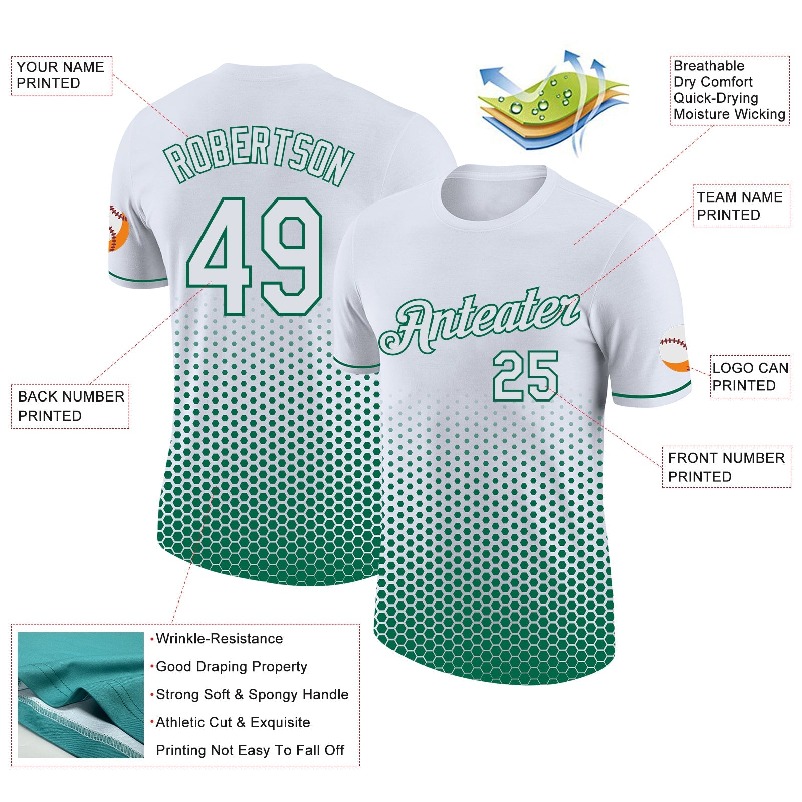 Custom White-Kelly Green Geometric Hexagonal Dot Gradient Performance T-Shirt view 2
