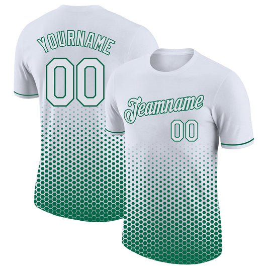 Custom White-Kelly Green Geometric Hexagonal Dot Gradient Performance T-Shirt - Main View