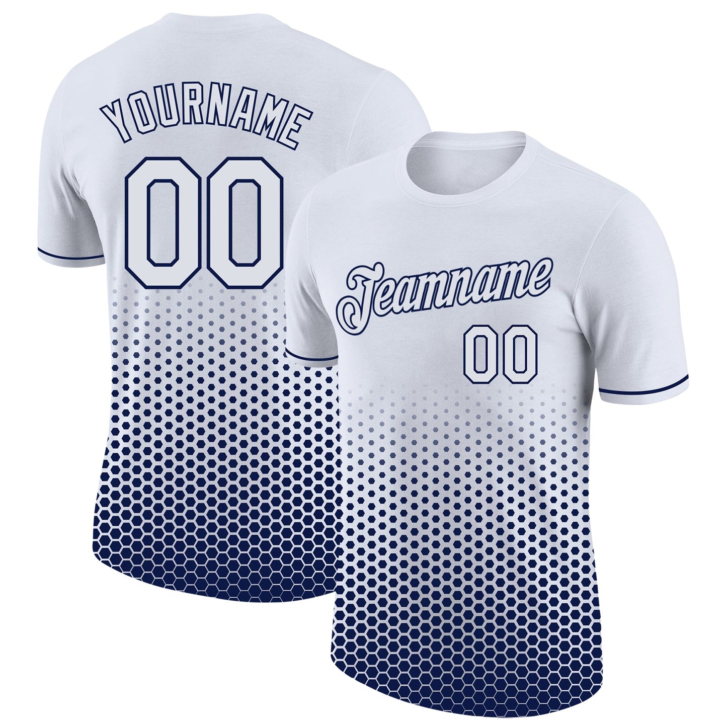 Custom White-Navy Geometric Hexagonal Dot Gradient Performance T-Shirt - Main View
