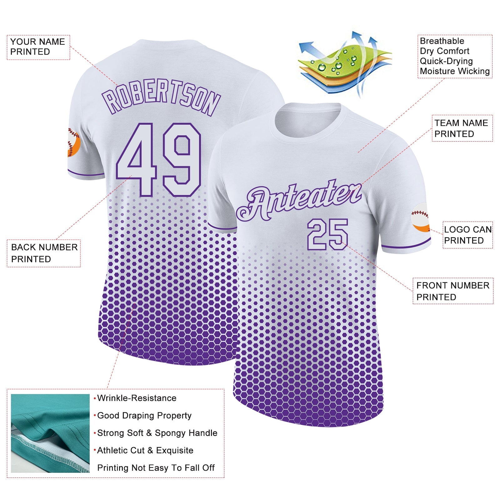 Custom White-Purple Geometric Hexagonal Dot Gradient Performance T-Shirt view 2