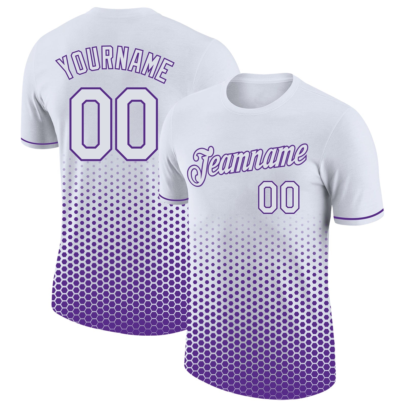 Custom White-Purple Geometric Hexagonal Dot Gradient Performance T-Shirt - Main View