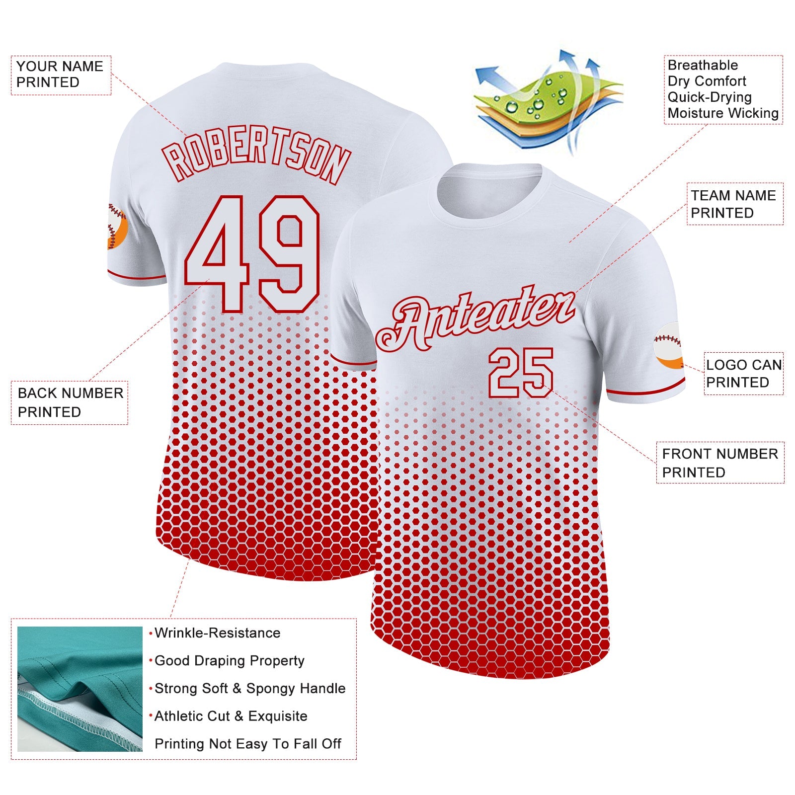 Custom White-Red Geometric Hexagonal Dot Gradient Performance T-Shirt view 2