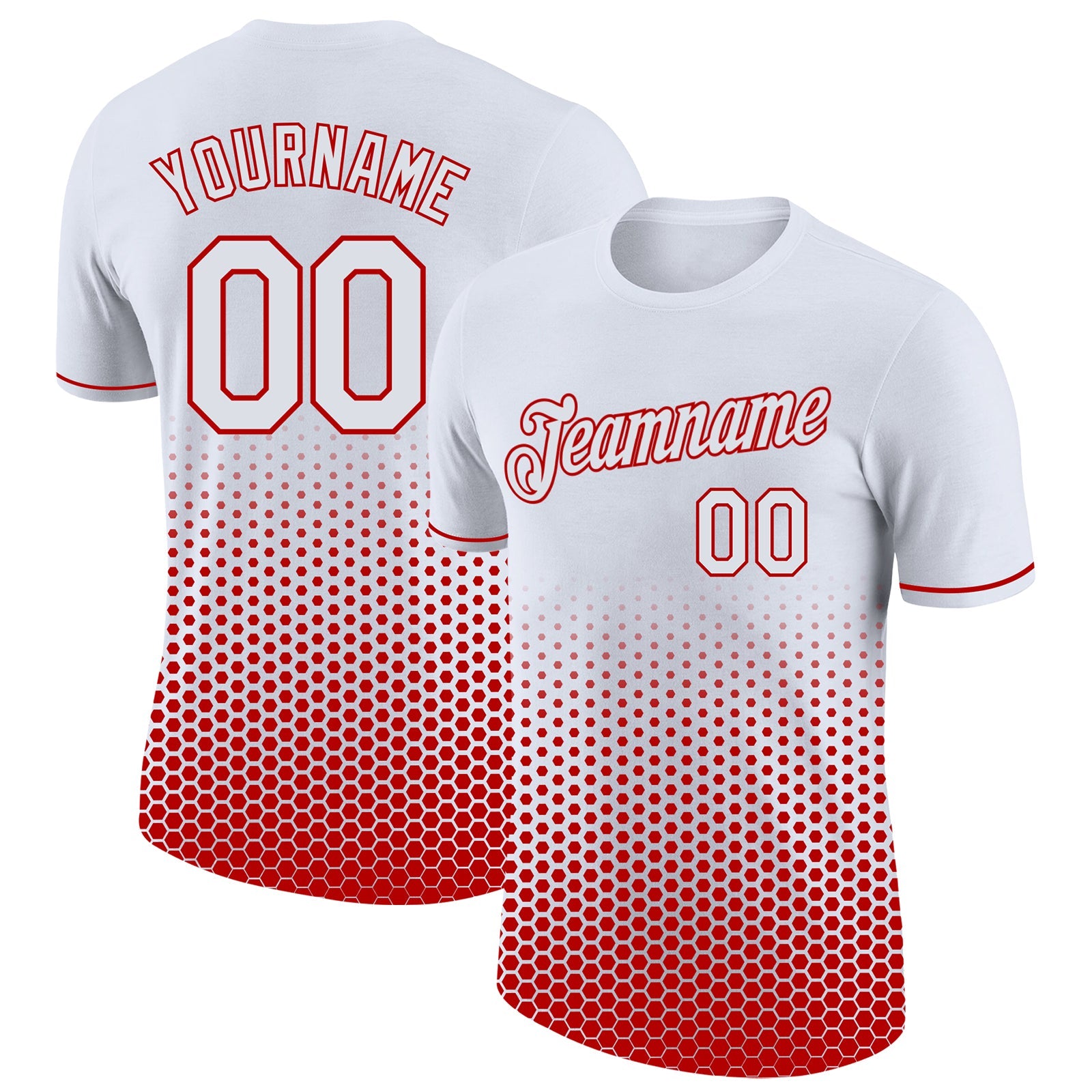 Custom White-Red Geometric Hexagonal Dot Gradient Performance T-Shirt - Main View