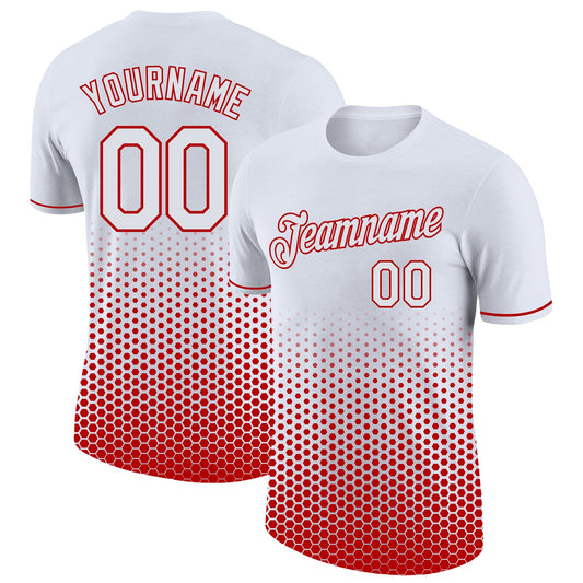 Custom White-Red Geometric Hexagonal Dot Gradient Performance T-Shirt - Main View