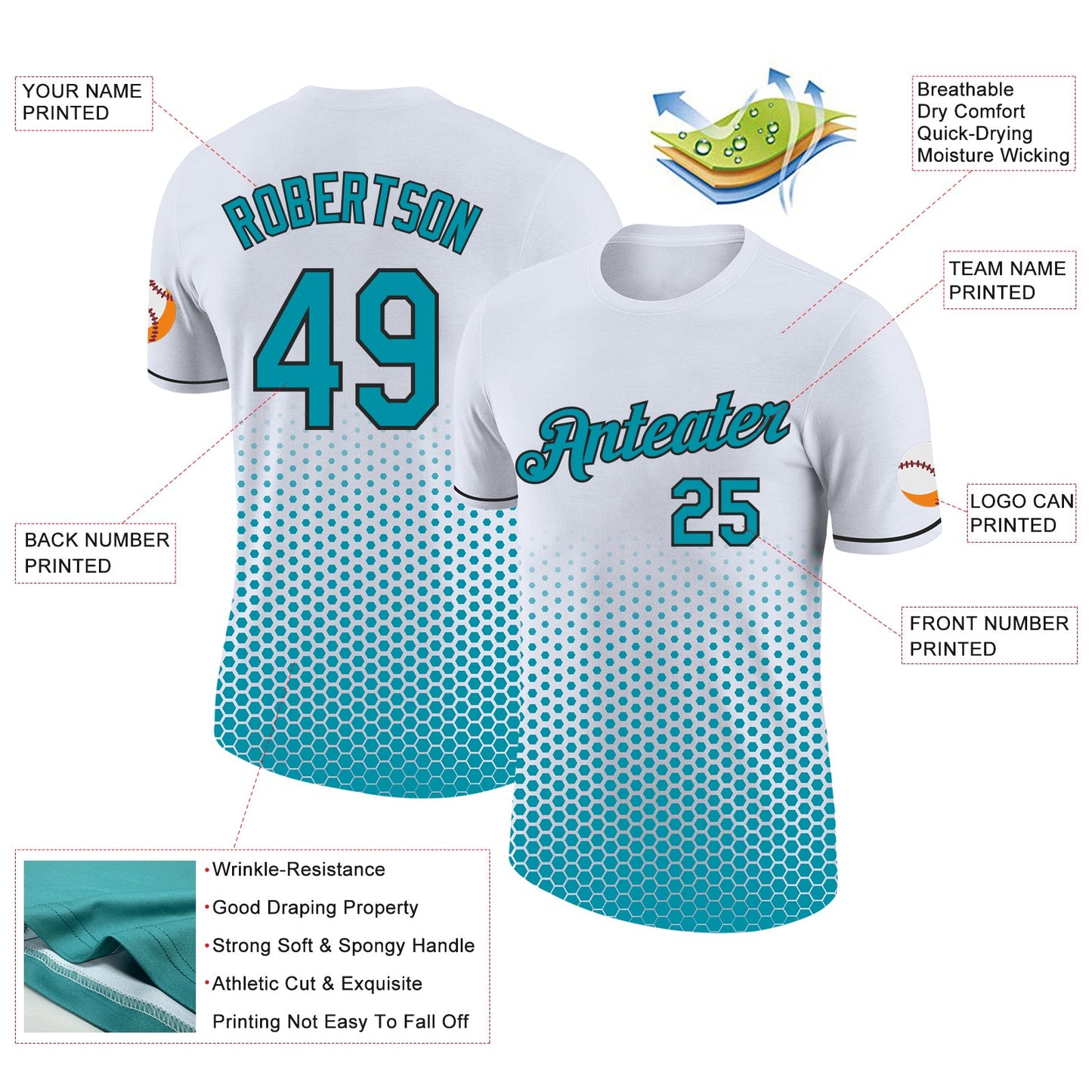Custom White Teal-Black Geometric Hexagonal Dot Gradient Performance T-Shirt view 2