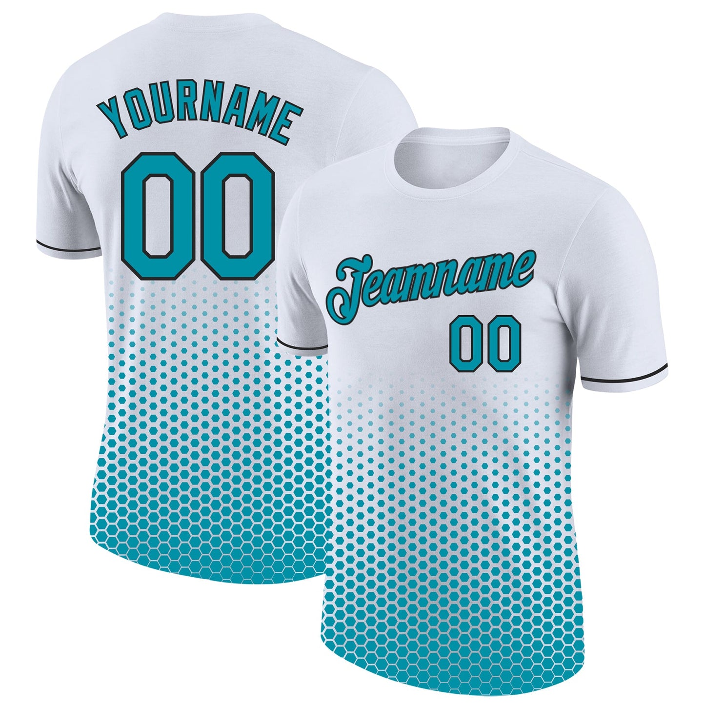 Custom White Teal-Black Geometric Hexagonal Dot Gradient Performance T-Shirt - Main View