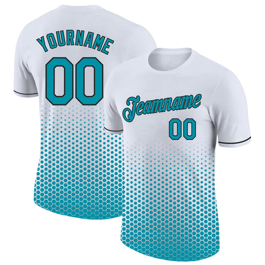 Custom White Teal-Black Geometric Hexagonal Dot Gradient Performance T-Shirt - Main View