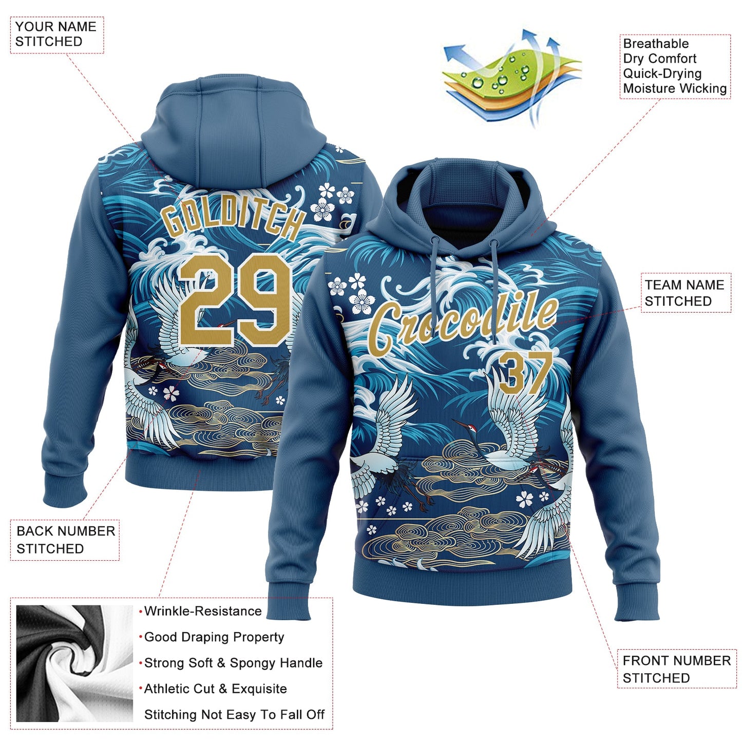 Custom Stitched Royal Old Gold-White 3D Pattern Design Crane And Cloud Sports Pullover Sweatshirt Hoodie view 2