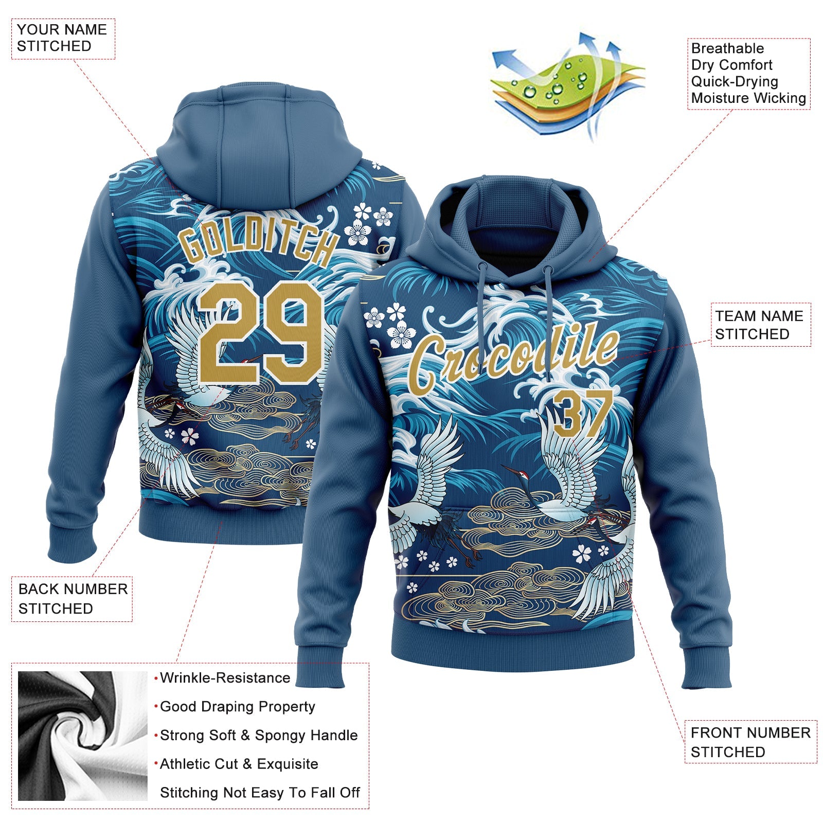 Custom Stitched Royal Old Gold-White 3D Pattern Design Crane And Cloud Sports Pullover Sweatshirt Hoodie view 2