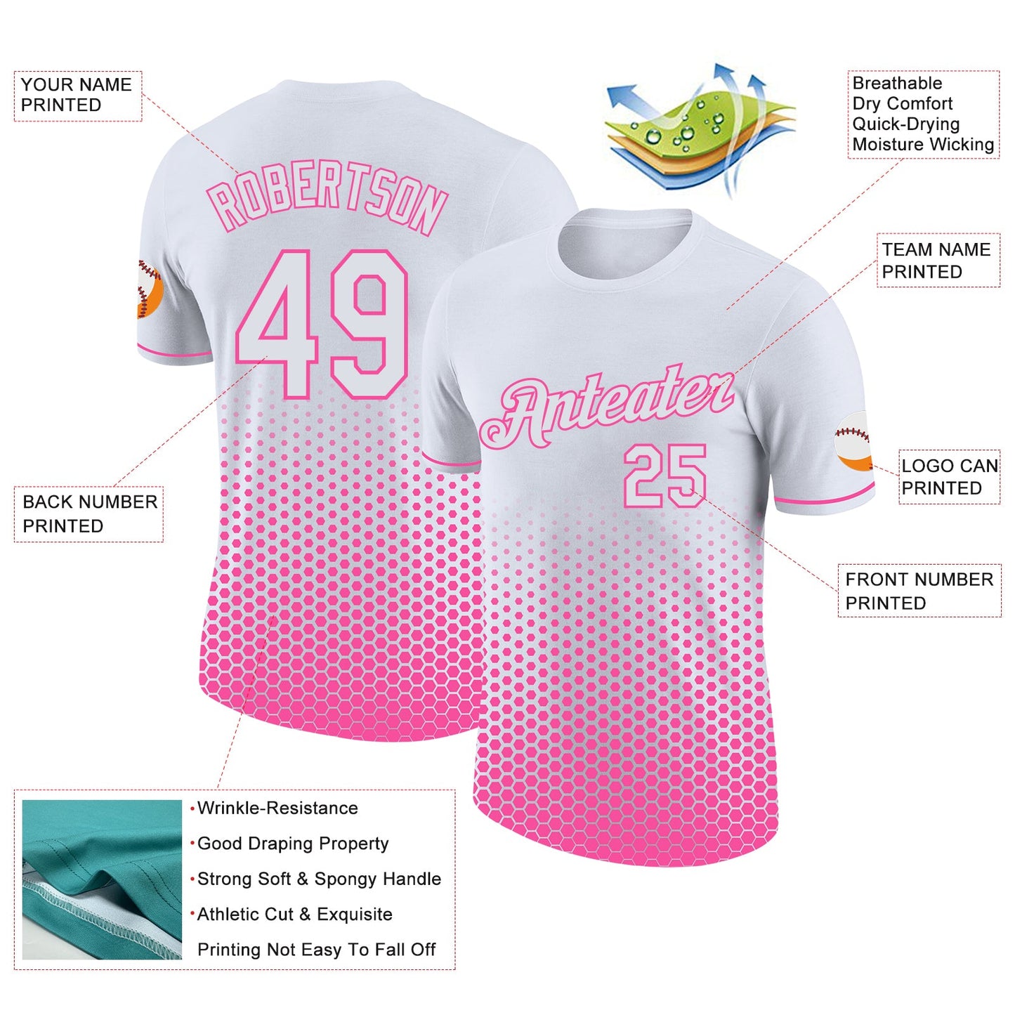 Custom White-Pink Geometric Hexagonal Dot Gradient Performance T-Shirt view 2