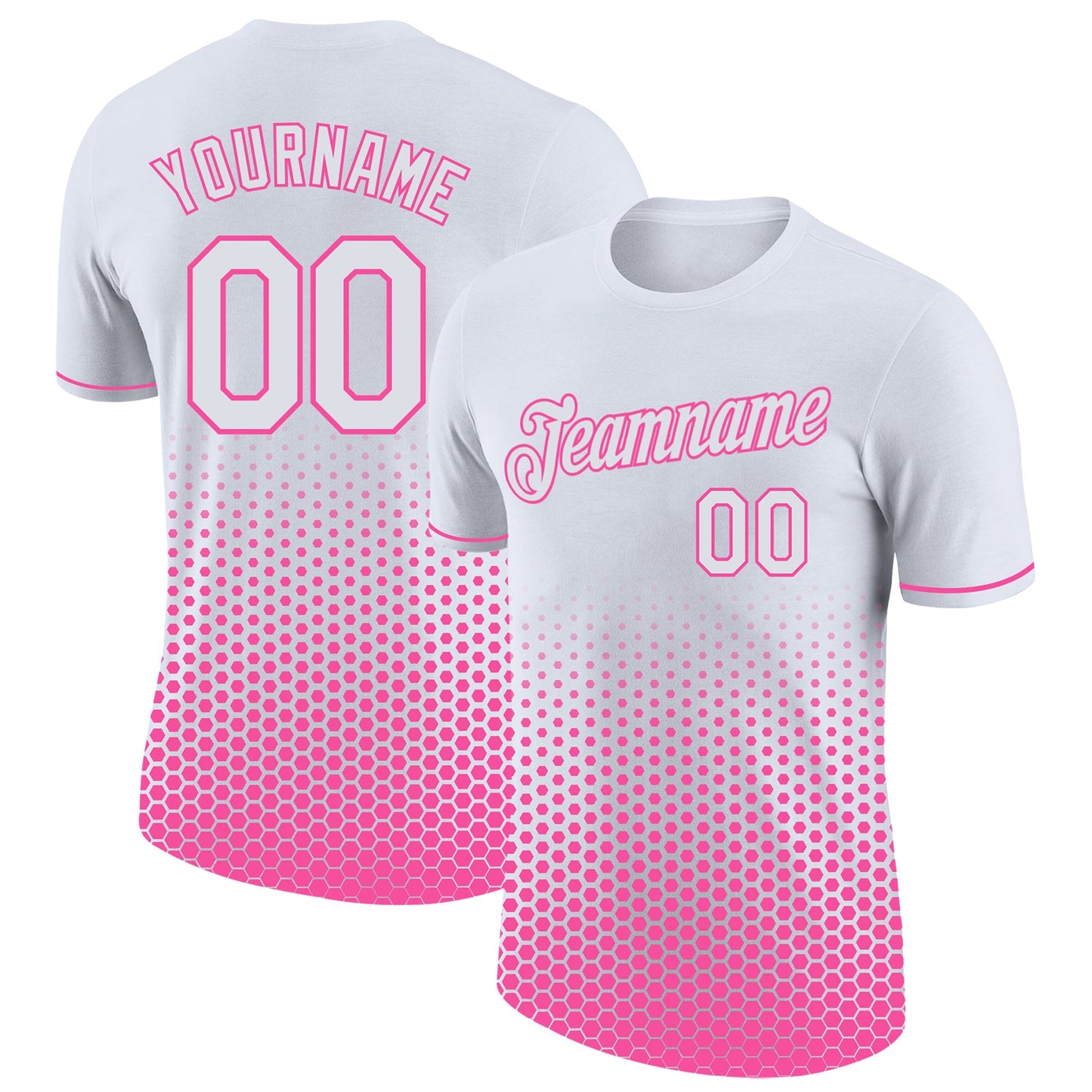 Custom White-Pink Geometric Hexagonal Dot Gradient Performance T-Shirt - Main View
