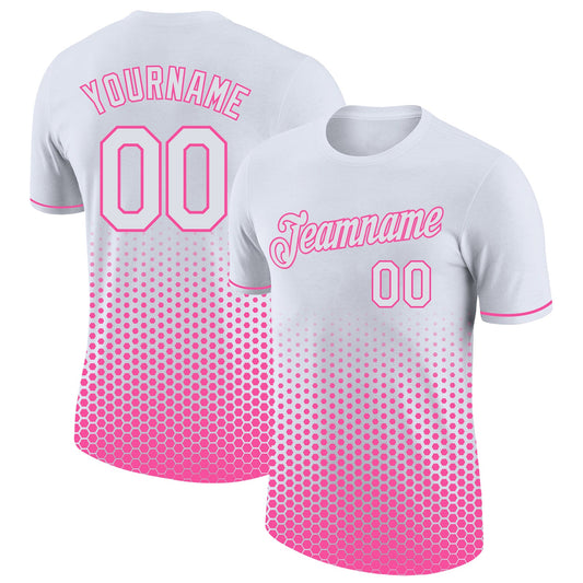 Custom White-Pink Geometric Hexagonal Dot Gradient Performance T-Shirt - Main View