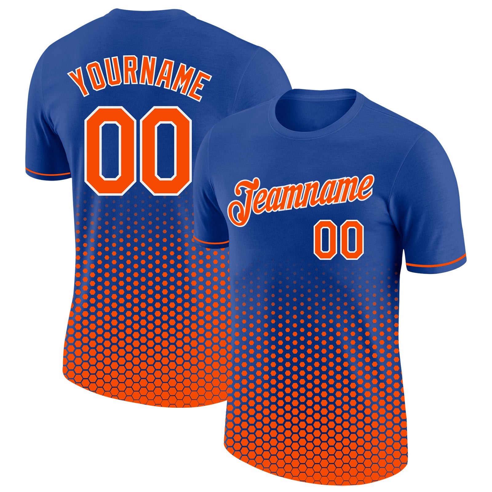 Custom Royal Orange-White Geometric Hexagonal Dot Gradient Performance T-Shirt - Main View