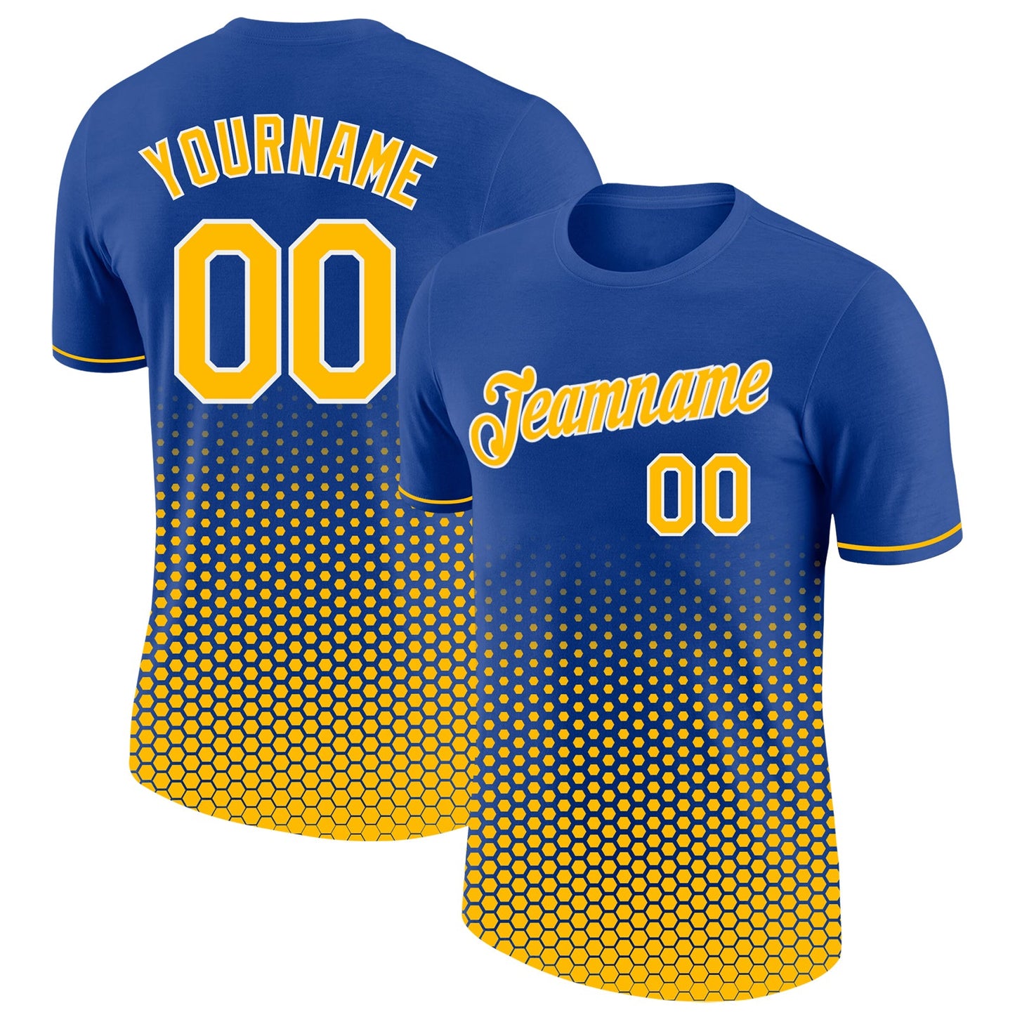 Custom Royal Gold-White Geometric Hexagonal Dot Gradient Performance T-Shirt - Main View