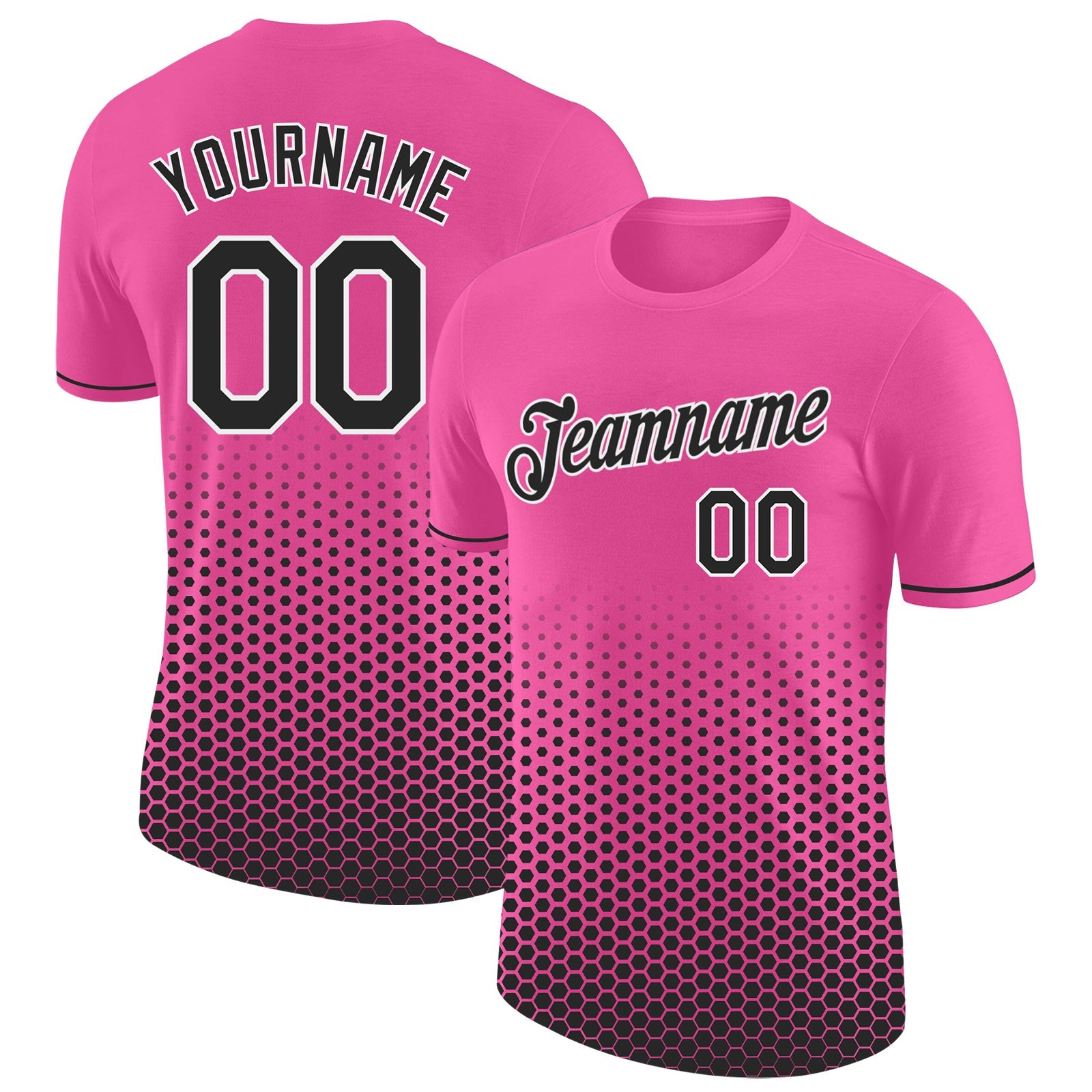 Custom Pink Black-White Geometric Hexagonal Dot Gradient Performance T-Shirt - Main View