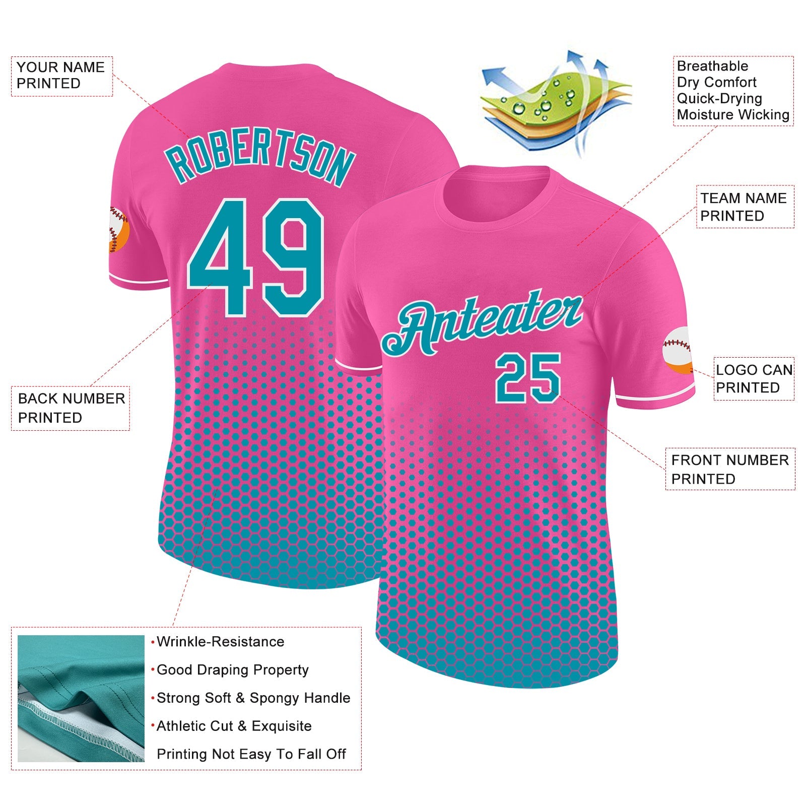 Custom Pink Teal-White Geometric Hexagonal Dot Gradient Performance T-Shirt view 2