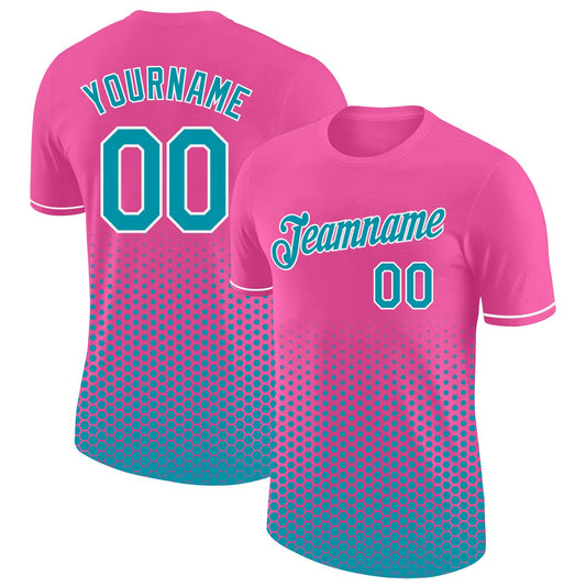Custom Pink Teal-White Geometric Hexagonal Dot Gradient Performance T-Shirt - Main View