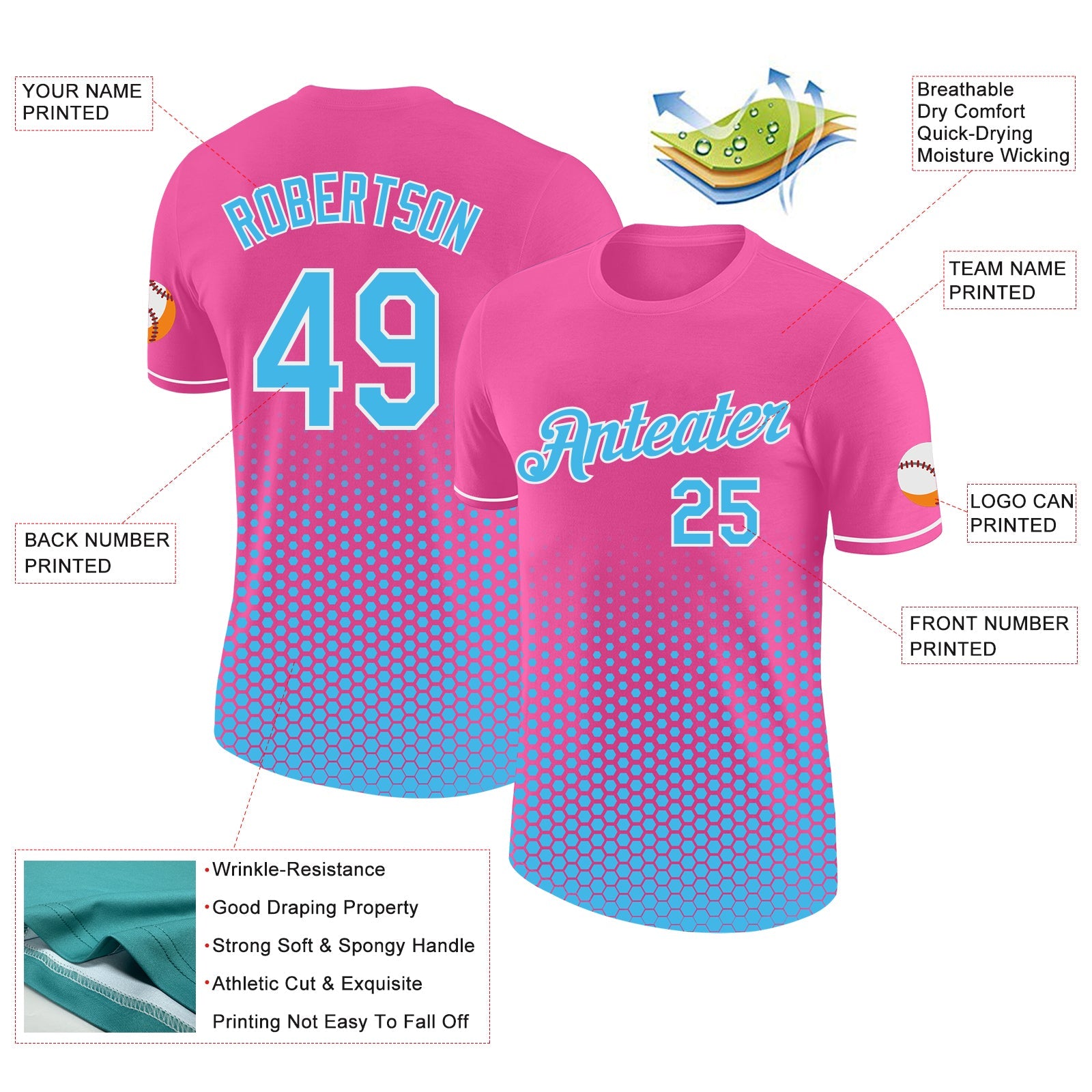 Custom Pink Sky Blue-White Geometric Hexagonal Dot Gradient Performance T-Shirt view 2